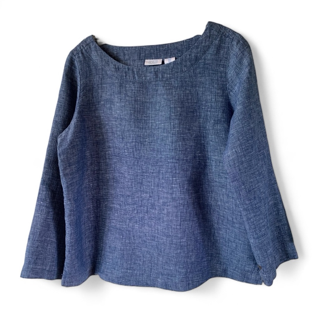 Sigrid Olsen Linen Blouse Top Blue Chambray Pullover Boatneck Top Sz S E…